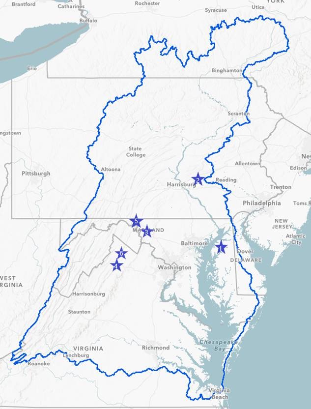 Map of the Chesapeake Bay watershed showing the locations of the six case study farms.